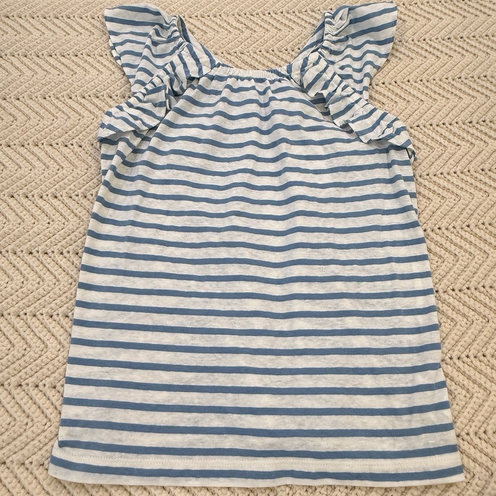 Crewcuts Tank Top Girls 10 Blue Gray Striped Ruffles Sleeveless Casual NWT